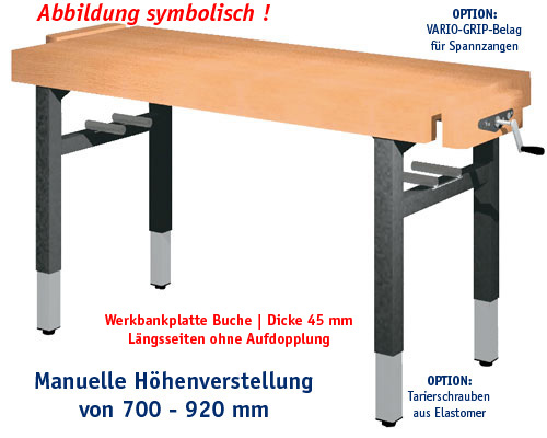 Universal-Werkbank 1000-ECO-2DIA-SPA | HM Platte: 1300 x 650 mm, MANUELLE HÖHENVERSTELLUNG.