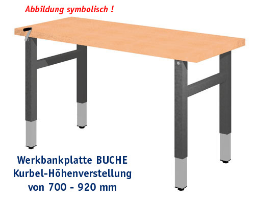 Werkbank 1000 x 650 mm - BUCHE ohne Einbauteile, KURBEL-HÖHENVERSTELLUNG.