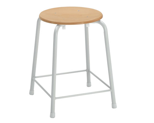 Stahlrohrhocker 4-beinig - Sitzhöhe 450 mm Sitzplatte Buche, 350 mm Ø, mit Fußverstrebung.