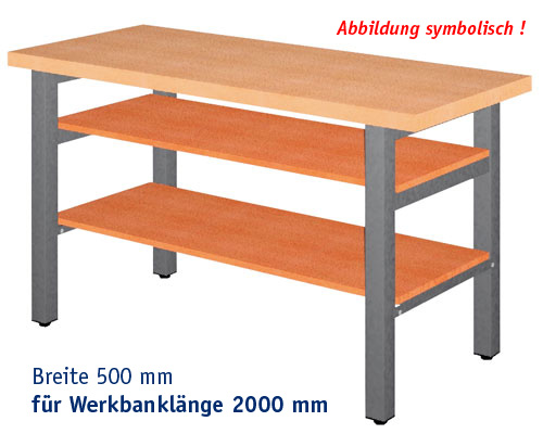Ablage BUCHE, Breite 500 mm f. L=2000 mm Dicke 19 mm, für Werkbank-Gestellteile.