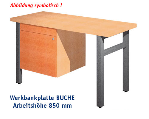 Werkbank 1500 x 650 mm - BUCHE mit Einbaublock, ARBEITSHÖHE 850 mm.
