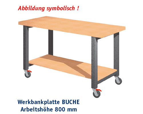 Werkbank, fahrbar, 2000 x 650 mm - BUCHE mit unterer Ablage, ARBEITSHÖHE 850 mm.