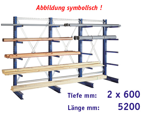 META-Kragarm-Komplettregal, doppelseitig HBT: 2000 x 5000 x 2x600 mm, 5 Ebenen