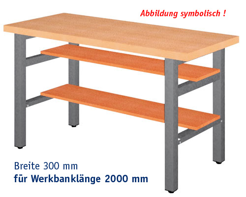 Ablage BUCHE, Breite 300 mm f. L=2000 mm Dicke 19 mm, für Werkbank-Gestellteile.