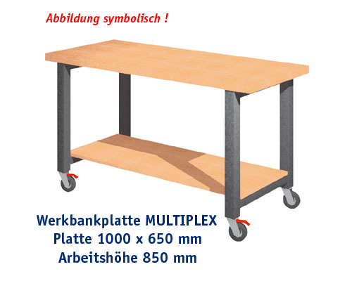 Werkbank, fahrbar, 1000 x 650 mm - MULTIPLEX mit unterer Ablage, ARBEITSHÖHE 850 mm.