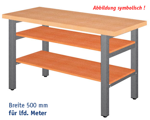 Ablage BUCHE, Breite 500 mm, lfd. Meter Dicke 19 mm, für Werkbank-Gestellteile.