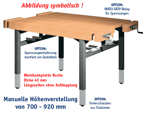 Universal-Werkbank 1000-ECO-4-SPA | HM Platte: 1300 x 1100 mm, MANUELLE HÖHENVERSTELLUNG.