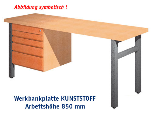 Werkbank 2000 x 650 mm - KUNSTSTOFF mit Einbaublock, ARBEITSHÖHE 850 mm.