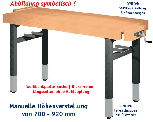 Universal-Werkbank 1000-ECO-2DIA-SPA | HM Platte: 1500 x 650 mm, MANUELLE HÖHENVERSTELLUNG.