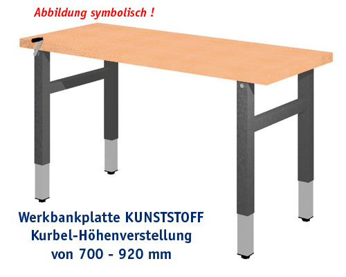Werkbank 1500 x 650 mm - KUNSTSTOFF ohne Einbauteile, KURBEL-HÖHENVERSTELLUNG.