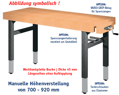 Universal-Werkbank 1000-ECO-1R-SPA | HM Platte: 1300 x 650 mm, MANUELLE HÖHENVERSTELLUNG.