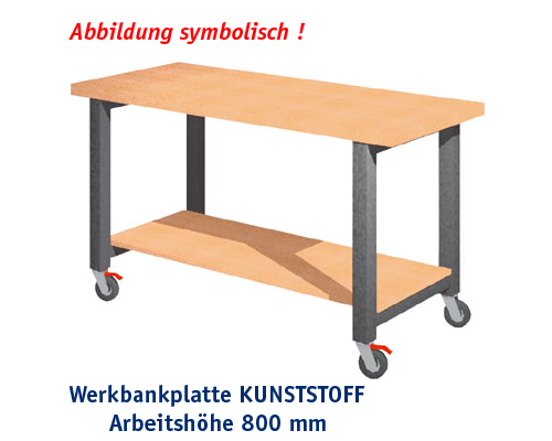 Werkbank, fahrbar, 1500 x 650 mm - KUNSTSTOFF mit unterer Ablage, ARBEITSHÖHE 800 mm.