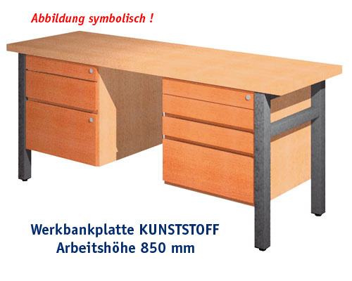Werkbank 2000 x 650 mm - KUNSTSTOFF mit Einbaublöcken, ARBEITSHÖHE 850 mm.