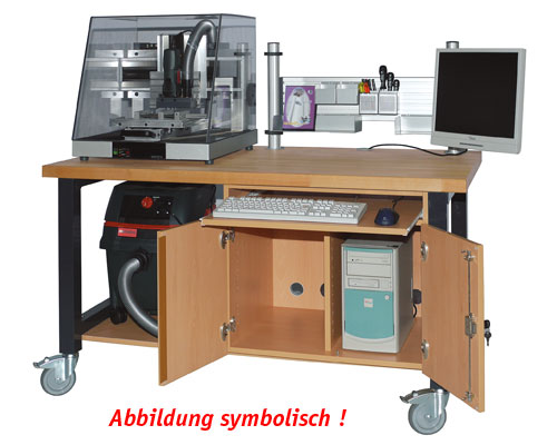 CNC-Werkbank, fahrbar, 1500 x 800 mm - KUNSTSTOFF mit unterer Ablage und PC-Unterschrank.
