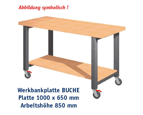 Werkbank, fahrbar, 1000 x 650 mm - BUCHE mit unterer Ablage, ARBEITSHÖHE 850 mm.