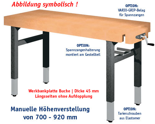 Universal-Werkbank 1000-ECO-1R-SPA | HM Platte: 1500 x 650 mm, MANUELLE HÖHENVERSTELLUNG.